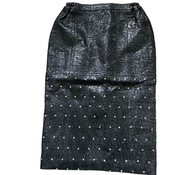 Leather Sequin Embroidered Straight Pencil Skirt Women Small Black Elegant - Picture 1 of 14